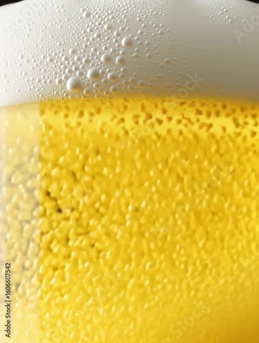Golden lager beer filling a glass, forming a thick, foamy head as countless bubbles rise rapidly and effervescently through the liquid. 