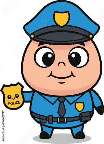 Cartoon policeman holds police badge. Cute law enforcement, kid-friendly, illustration, security, protection, safety, character