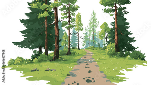 Digital illustration depicting a dirt path winding through a forest of tall pine trees. The path is light brown and shows distinct paw prints. Lush green grass and undergrowth are visible on either