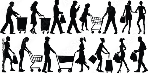 Vector art of a diverse group of people in silhouette, engaged in shopping activities with carts and bags isolated on transparent background.