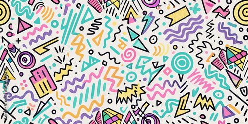Seamless Abstract Doodle Background with Neon Zigzags, Loops, Swirls, and Geometric Shapes in Pastel Colors on White Canvas in Flat Vector Style

