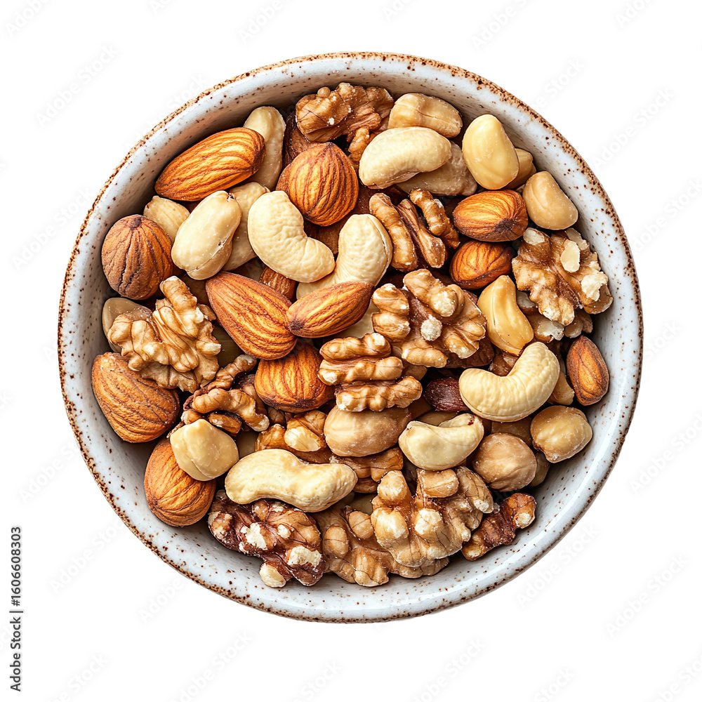 Bowl of mixed nuts including almonds walnuts and cashews isolated on transparent background Bowl of mixed nuts including almonds walnuts and cashews isolated on transparent background