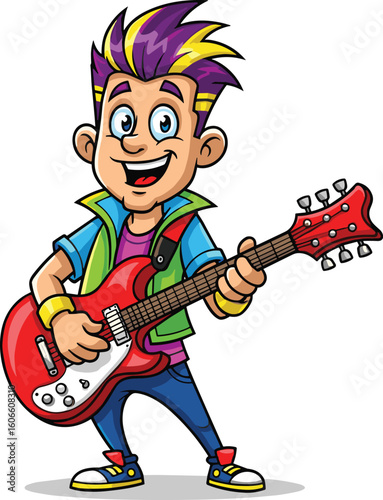 Cartoon guitarist rocks out with red electric guitar. Musician, musical, instrument, performer, rockstar, talent, playing, entertainment, song, music, youth, fun