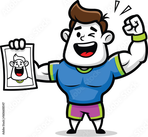 Man holds self-portrait, flexes bicep celebrating accomplishment. Cartoon fitness, self-love, achievement, happiness, success, illustration
