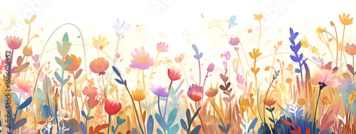 Vibrant watercolor illustration of a colorful flower field filled with various blossoms, showcasing a blend of hues and textures, creating a lively and cheerful atmosphere