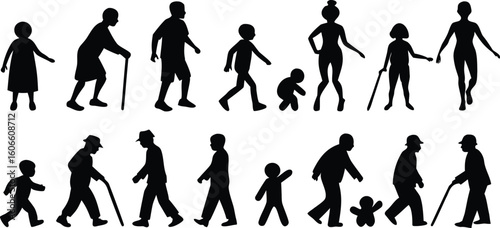 Vector art of a collection of diverse people, including children and elderly, depicted in silhouette in various poses isolated on transparent background.
