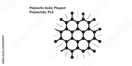 Illustration of polylactic acid pla molecular structure with black lines and circles on white background