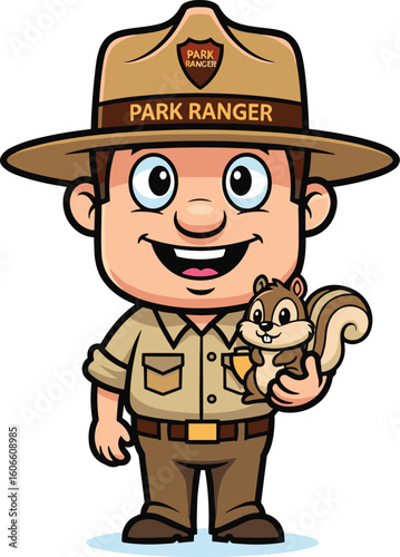 Park ranger holds a cute squirrel in his hand. Conservation, nature, wildlife, protection, outdoors, environment, education, cartoon, character