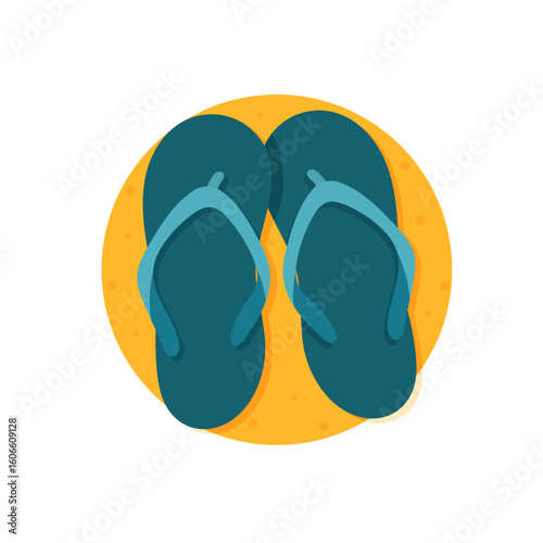 Minimalist vector illustration of two blue flip-flop sandals resting on sand, perfect for summer, beach, and vacation vibes
