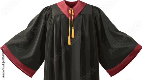 Close-up studio shot of a black graduation gown. The gown features wide sleeves with maroon accents at the cuffs and collar. A maroon yoke is visible at the neckline,