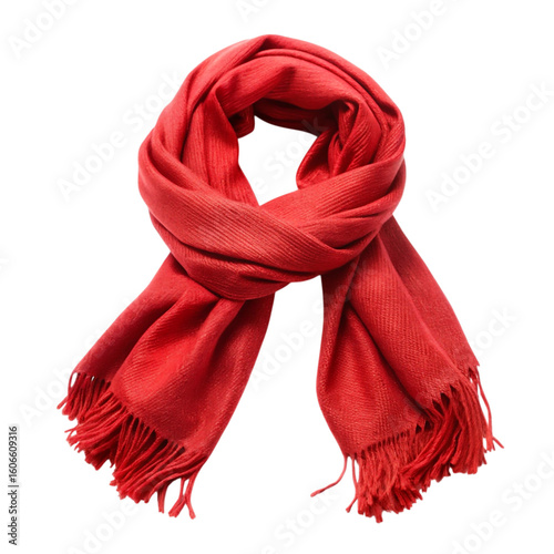 Vibrant red pashmina scarf with fringed edges isolated on transparent background