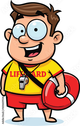 Cartoon lifeguard stands ready. Beach safety, summer, pool, swim, drowning prevention, healthy lifestyle, emergency services, lifeguard