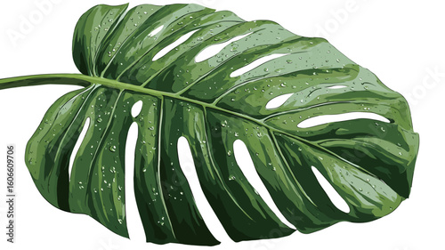 A close-up shot of a single Monstera deliciosa leaf against a white background. The leaf is vibrant green with characteristic splits and holes.  Visible water droplets are present on the leaf's