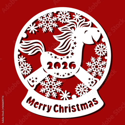 Snow globe with funny horse. Round Christmas decoration with cute pony, snowflakes. Chinese symbol of new year 2026. Vector template for plotter laser cutting of paper, wood carving, metal engraving.