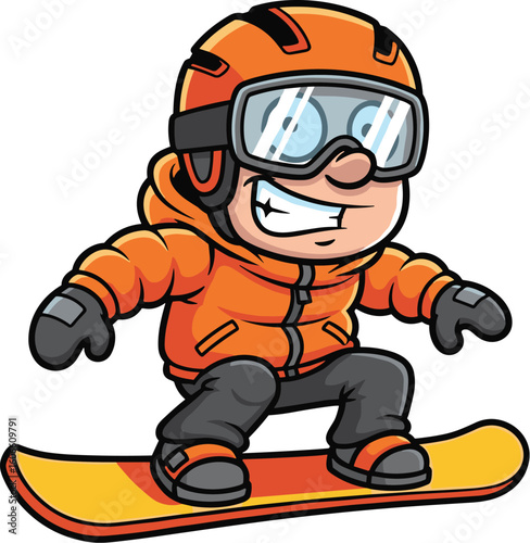 Cartoon snowboarder smiles. Snowboarding, winter sport, fun, recreation, activity, cheerful, adventure, cold season, happy.