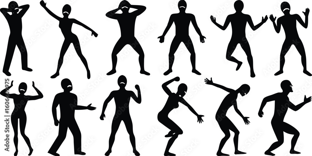 Vector art of a collection of people in silhouette displaying a range of emotions and dynamic body movements isolated on transparent background. Vector art of a collection of people in silhouette displaying a range of emotions and dynamic body movements isolated on transparent background.