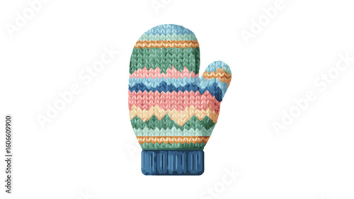 Close-up studio shot of a single, colorful knitted winter mitten against a white background. The mitten features a multicolored, horizontally striped pattern in pastel shades of blue, green,