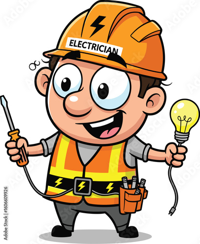 Cartoon electrician holds lightbulb and screwdriver. Safety worker, power, electricity, contractor, construction, service, energy, repair