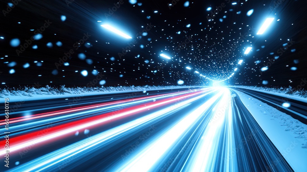 Fototapeta premium Streaking blue, red lights on road, snow-dusted, night, tunnel effect