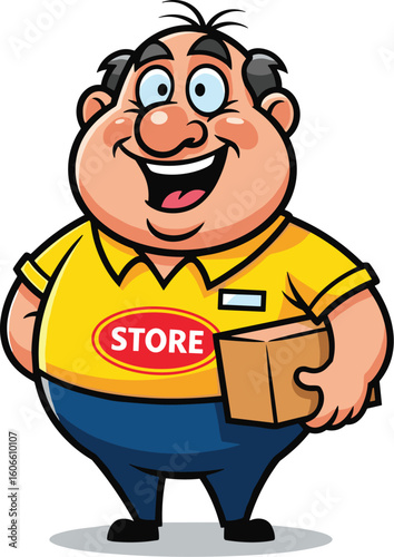 Man smiles holding a box with store logo. Cartoon mascot, package delivery, happy employee, retail, shop, store, shipping, business, merchandise, service.