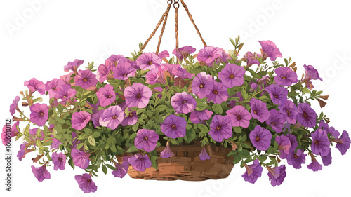 A full shot of a hanging basket filled with numerous purple petunia flowers.  The petunias are densely clustered, creating a full and lush display. The basket is brown, seemingly made of woven