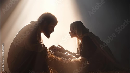 Joseph and mary kneeling near jesus in in a manger, illuminated by beam, light christ a a nativity scene video 4k