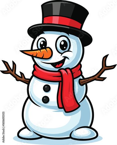 Happy snowman waves in the snow. Winter holidays, Christmas, holiday spirit, cartoon, cute, festive, cheerful