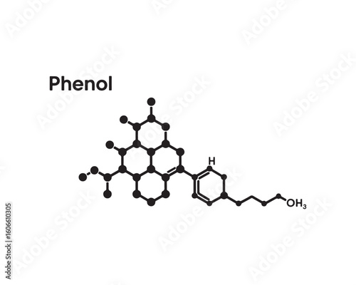 Illustration of a complex chemical structure with rings and connected atoms on a white background