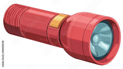 A digital illustration of a red flashlight.  The flashlight is depicted at a slight angle, showcasing its cylindrical body with a ribbed end, a yellow button or switch, and a large, 