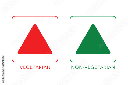 Vegetarian, Vegan, and Non-Vegetarian dietary food icons. A symbol set with a green Triangle for plant-based food and a red triangle for meat products. Vector labels for marking food choices.
