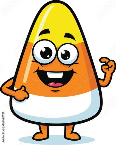 Cute candy corn character stands pointing. Halloween sweet, mascot, holiday, trick or treat, confection