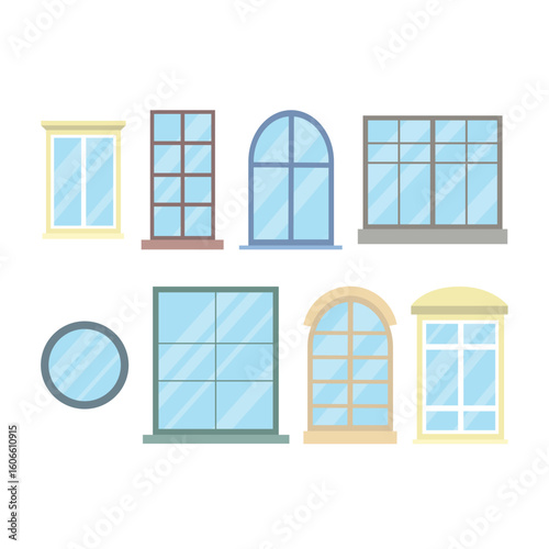 Glass window icons on white background. Windows with elements. Building and architecture.