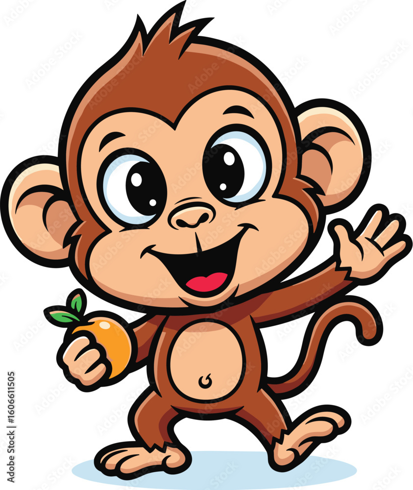 Fototapeta premium Cute monkey holding an orange fruit and waving. Cartoon ape, animal character, cheerful, friendly, happy, wildlife, jungle, happy, mascot, nature