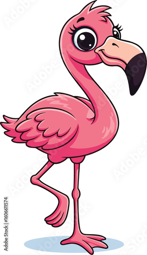 Cartoon flamingo stands, looking to the side. Pink bird, tropical animal, cute character, fun, wildlife