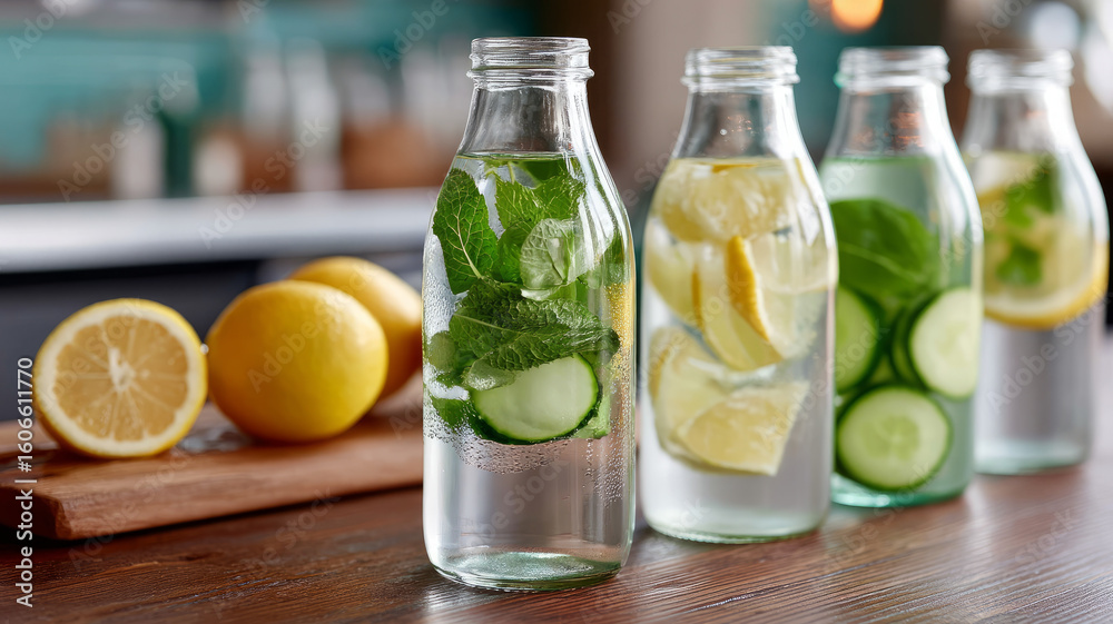 Fototapeta premium Fresh detox water with lemon, cucumber, and mint in glass bottles.
