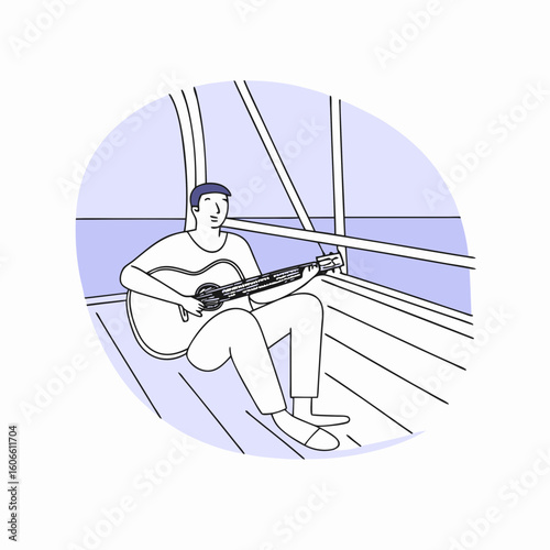 Man playing guitar aboard a boat with ocean view in serene atmosphere  