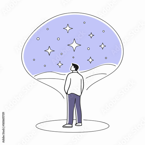 Man gazing at starry sky in dreamy landscape for sea voyage concept  