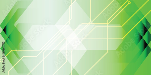 Bright green circuit background with glowing lines and geometric overlays, ideal for technology, digital, and abstract design concepts or presentations.
