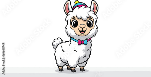Cute cartoon llama stands wearing bow tie and hat. Friendly alpaca, animal character, illustration, funny, mascot, design, cheerful, childish