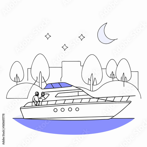 Two people enjoying a night cruise on a yacht under the stars  