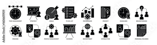 Icon Set of Management, Time Management, Strategy, Goals, To Do List, Proses and More. Icon Glyph Style