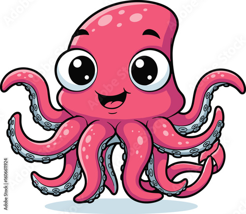 Cartoon octopus smiles happily. Cute, friendly, playful, sea life, underwater, creature, mascot