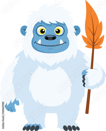 Yeti holds a spear and smiles. Cartoon character, monster, legend, mythical creature, abominable snowman, folklore, imaginary, happy, outdoors, wildlife.