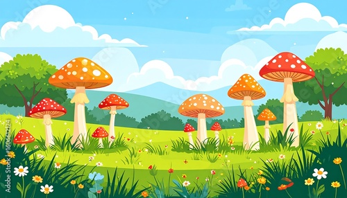 A colorful meadow with mushrooms