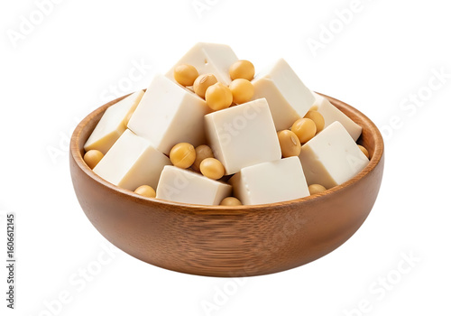 Wooden bowl filled with cubed tofu and soybeans isolated on transparent background