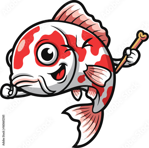 Happy koi fish waves hello. Cute cartoon animal character, mascot, lucky, happy, cheerful
