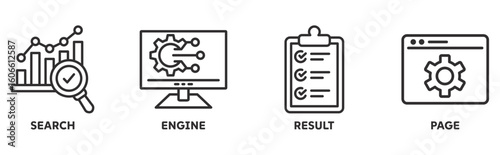 SERP icon set illustration concept with icon of search, engine, result, page