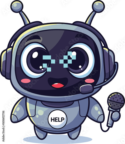 Friendly robot assistant with headset holds microphone. Cute customer service, chatbot, digital help, ai support, virtual assistant, tech support, communication
