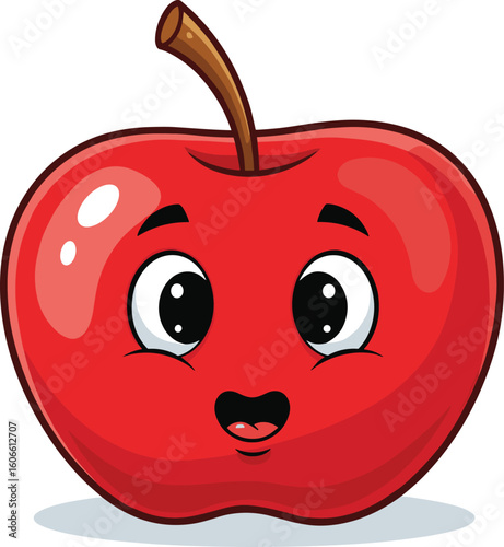 Cute cartoon apple character smiles happily. Fresh produce, healthy eating, food mascot, fruit, kawaii, cheerful, design.