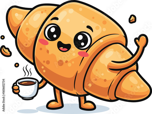 Cute croissant character drinks coffee and waves. Breakfast pastry with personality, food illustration, kawaii, cartoon, happy, coffee break, cafe, smiling.